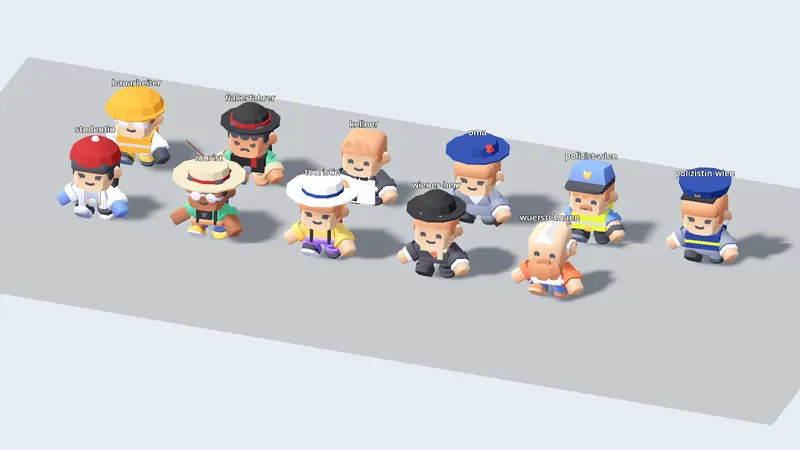 Eleven pedestrian characters: tourists, a waiter, a coachman, police officers, a construction worker and others