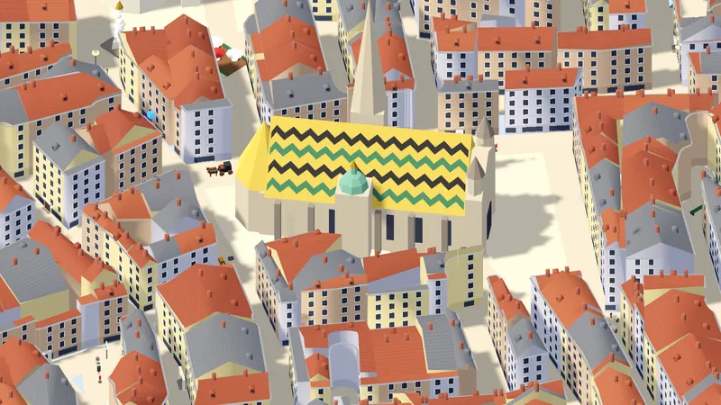 St. Stephen's Cathedral with its yellow and green zigzag roof between old town houses