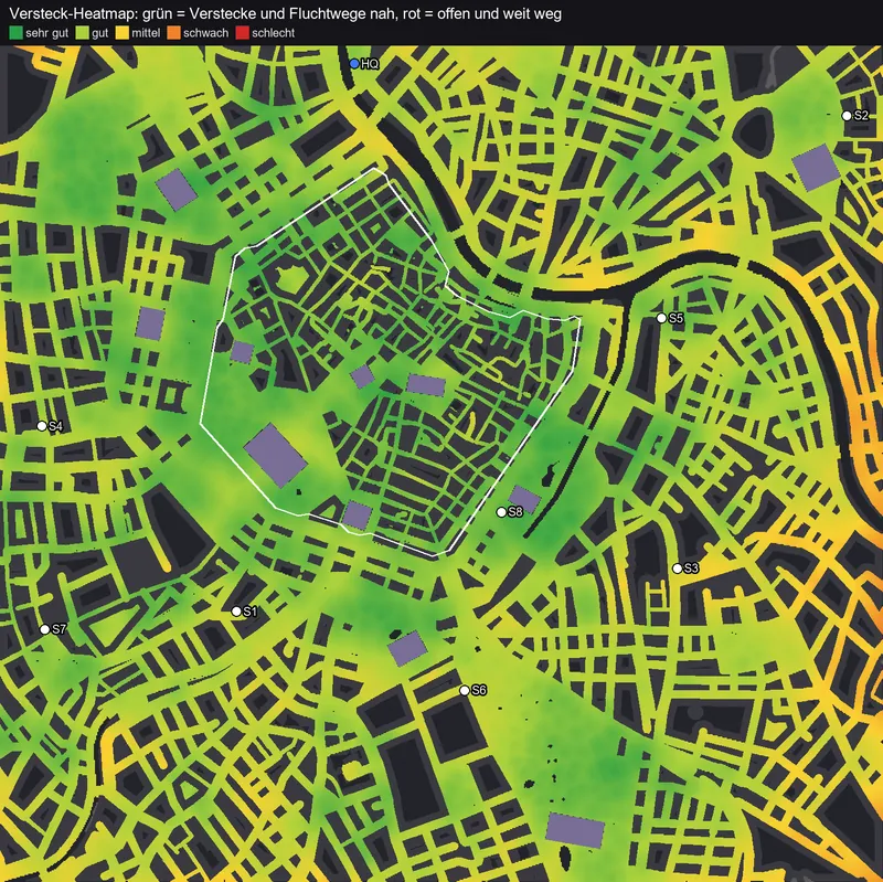 Heat map of the city: green where hiding spots are close, yellow and red where streets are open